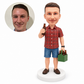 custom bobblehead figure man in a plaid shirt and denim shorts holding a beer carrier