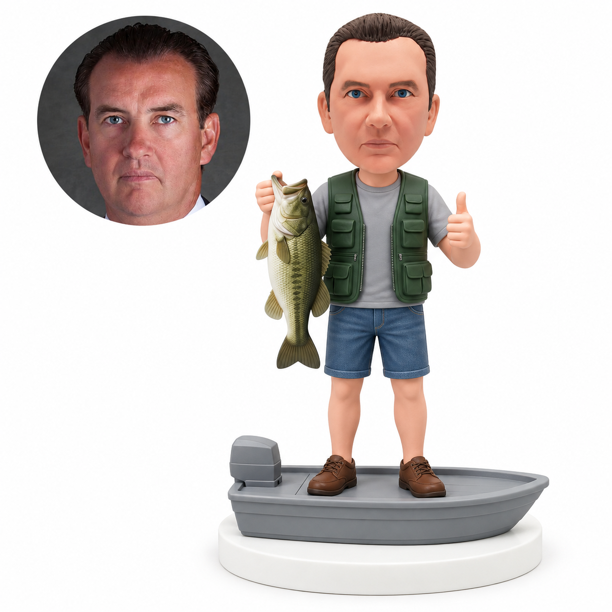 custom bobblehead figure fisherman in a vest holding a fish and giving a thumbs up on a motorboat