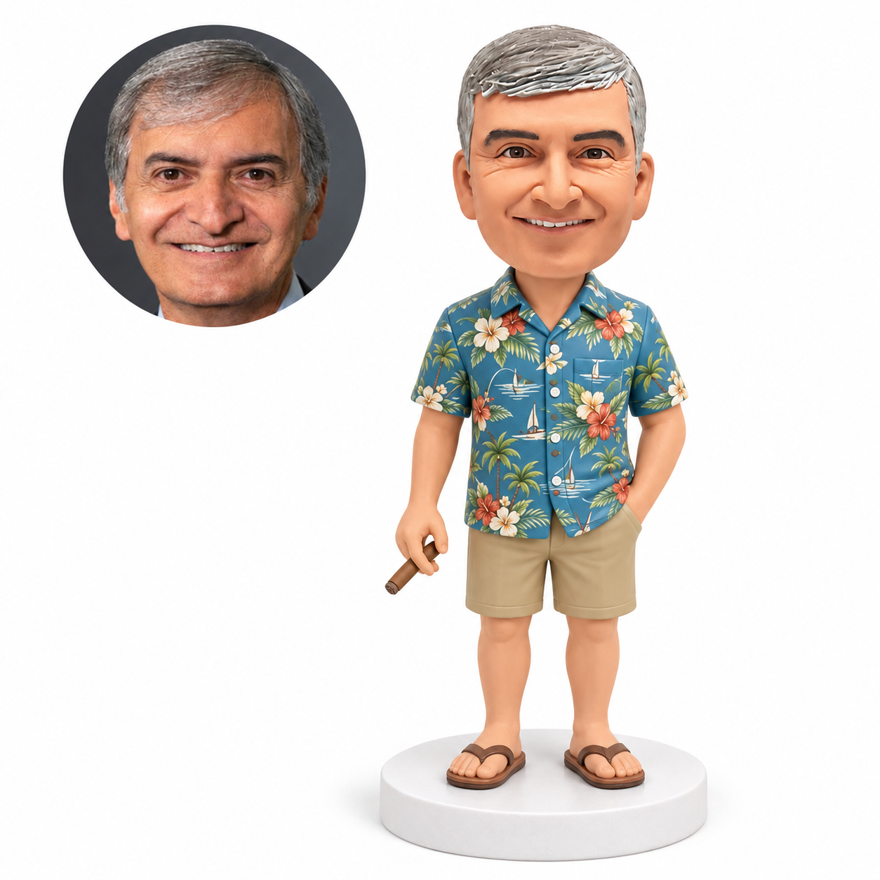 custom bobblehead figure man in a floral shirt and shorts holding a cigar at his side