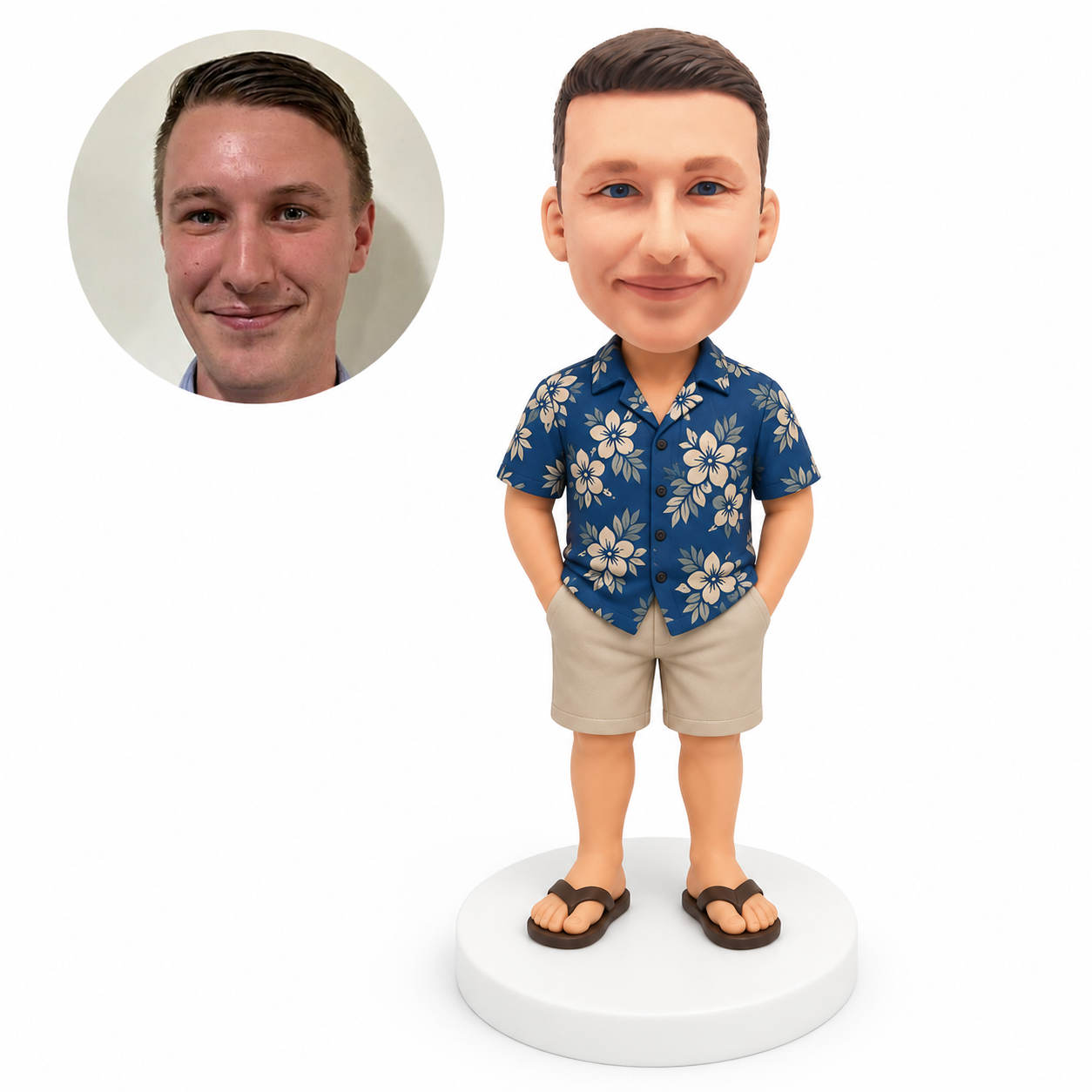custom bobblehead figure man in a floral shirt and shorts with both hands in his pockets