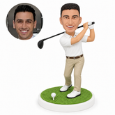 custom bobblehead figure golfer preparing a swing with a driver and both feet planted