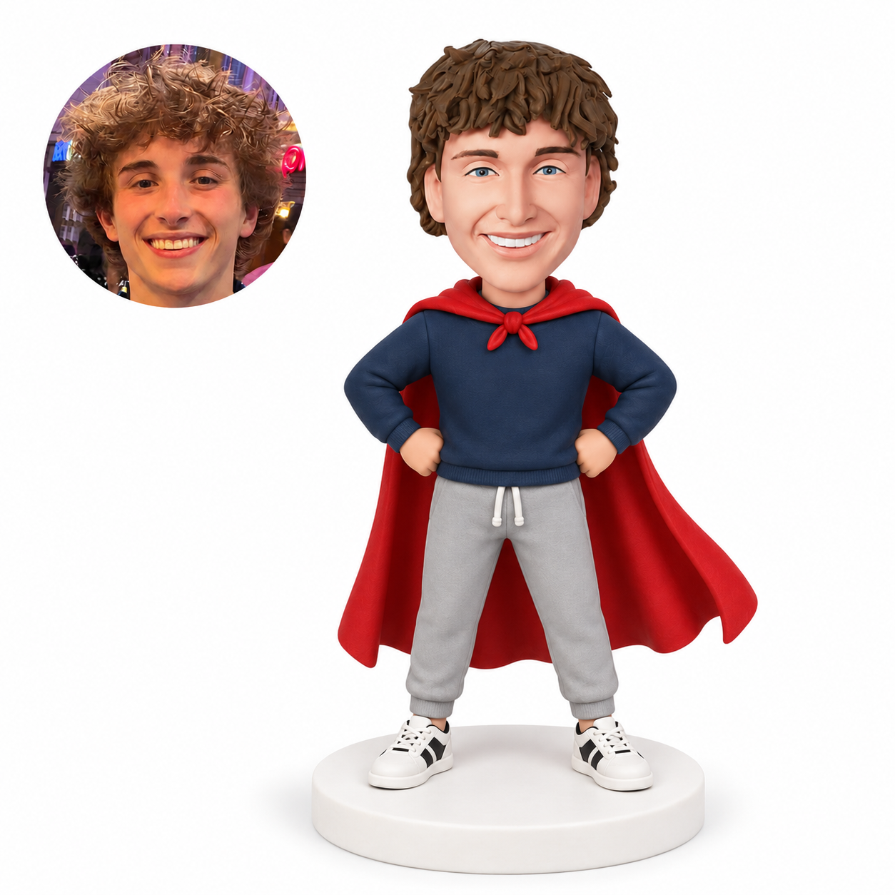 custom bobblehead figure man in a sweatshirt and joggers with a cape and hands on his hips