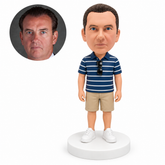 custom bobblehead figure man in a striped polo and shorts with sunglasses at his collar