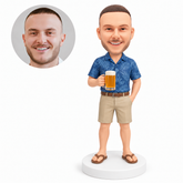 custom bobblehead figure man in a Hawaiian shirt holding a beer mug with a hand in his pocket