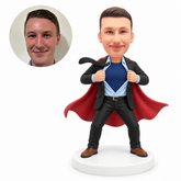 custom bobblehead figure man opening a suit and shirt with a cape in a wide stance