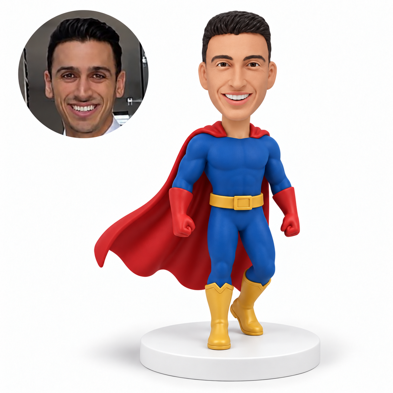 custom bobblehead figure walking man in a stage costume with a cape and both fists down