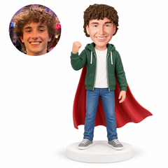 custom bobblehead figure man in an open hoodie and jeans raising a fist with a cape