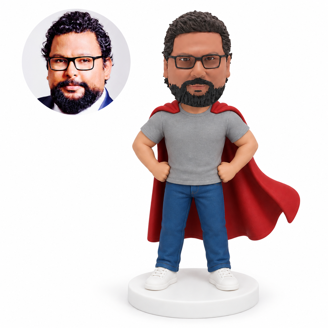 custom bobblehead figure man in a T-shirt and jeans with a cape and hands on his hips