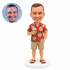 custom bobblehead figure man in a tropical shirt holding a takeaway drink with a hand in his pocket