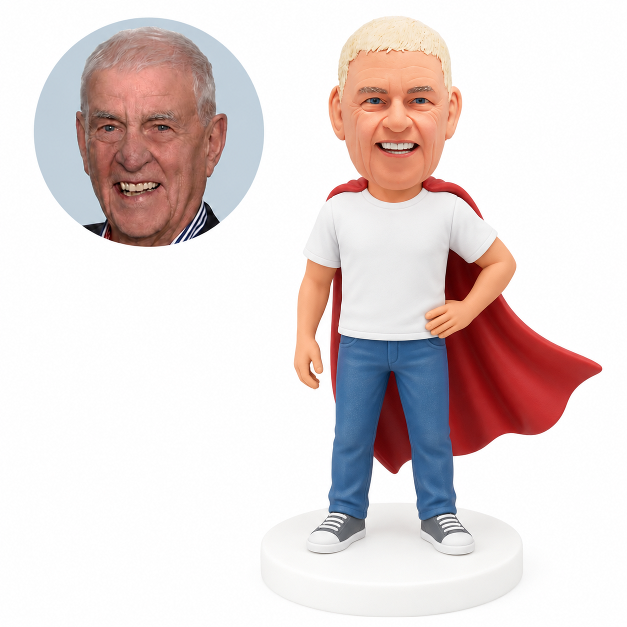 custom bobblehead figure man in a T-shirt and jeans with a cape and one hand on his hip