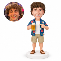 custom bobblehead figure man in an open Hawaiian shirt holding a beer mug and pointing to his T-shirt
