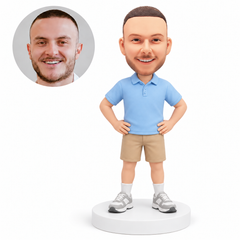 custom bobblehead figure man in a polo shirt and shorts with both hands on his hips