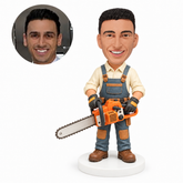 custom bobblehead figure worker in overalls holding a chainsaw