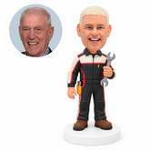 custom bobblehead figure mechanic in a zipped work suit holding a wrench