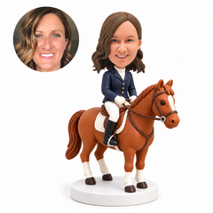 custom bobblehead figure female equestrian in riding attire on a horse