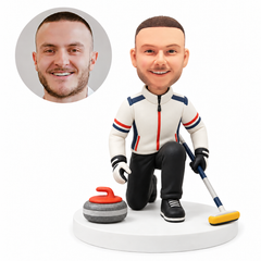 custom bobblehead figure male curling player kneeling with a broom and stone