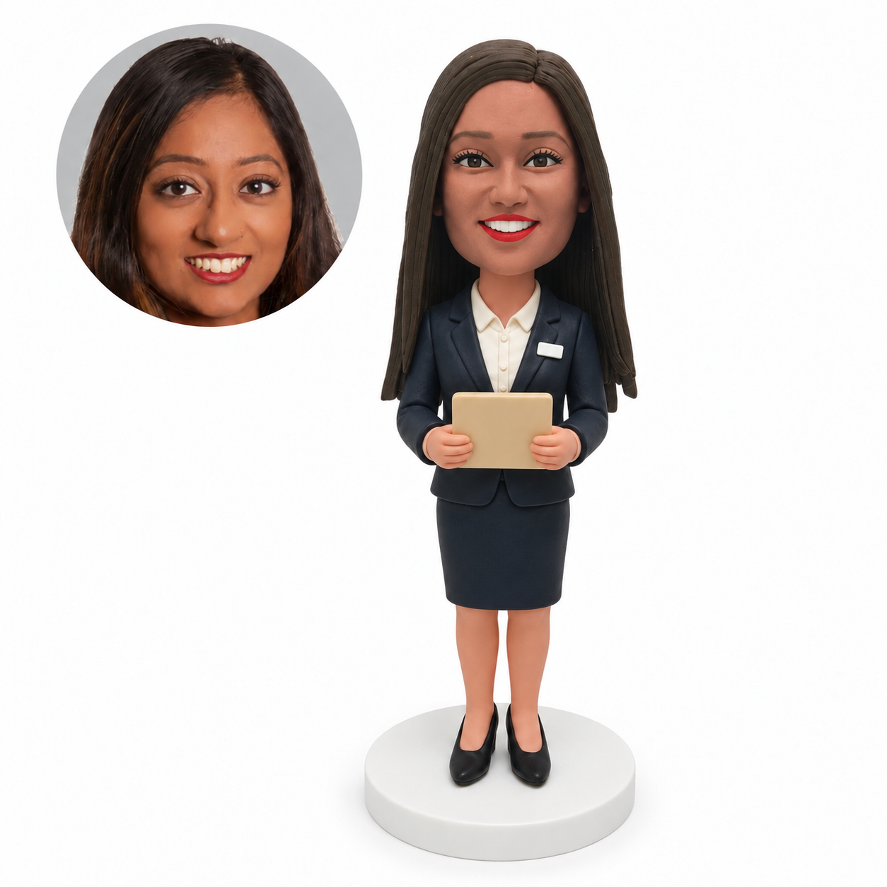 custom bobblehead figure female television announcer holding a script in a skirt suit