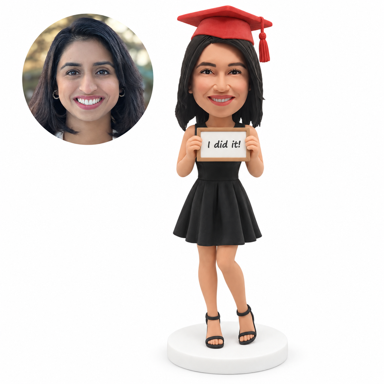 custom bobblehead figure female graduate in a sleeveless dress holding a certificate