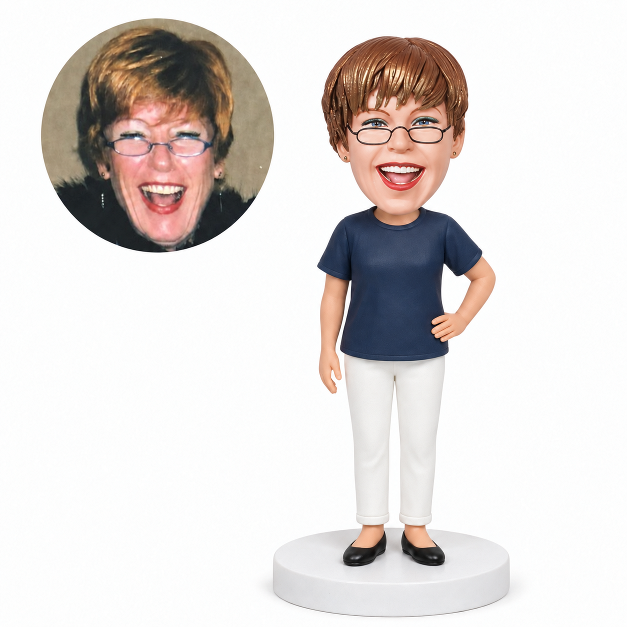custom bobblehead figure casual woman in a crew-neck t-shirt with one hand on her hip