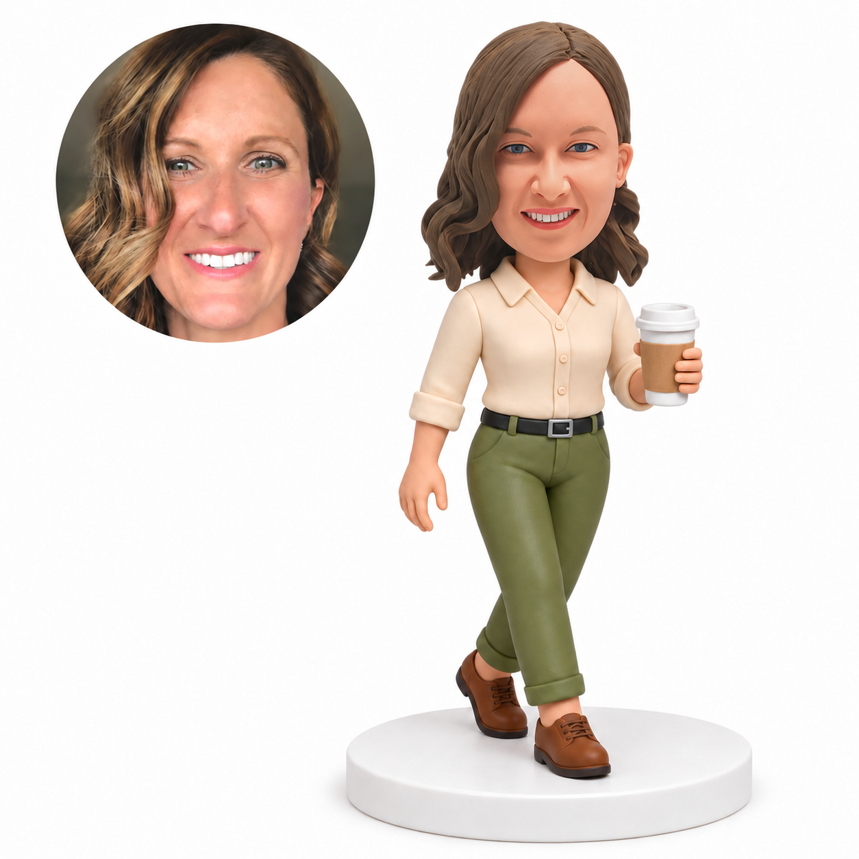 custom bobblehead figure woman in a rolled-sleeve shirt holding a takeaway coffee cup with crossed ankles