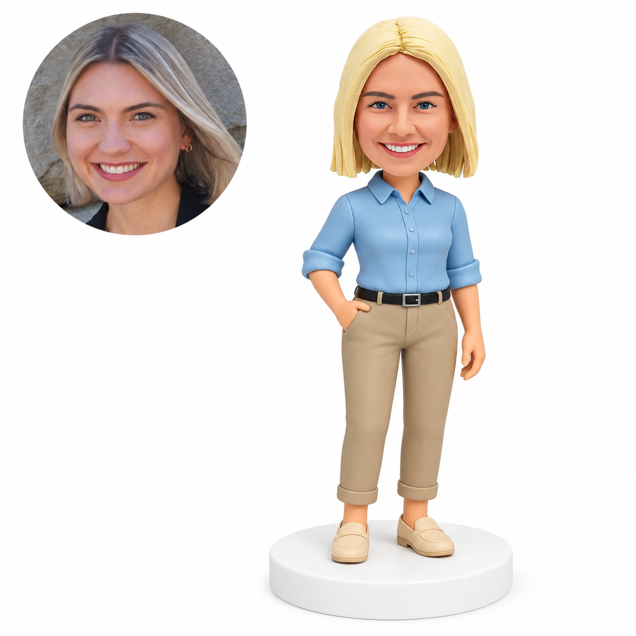 custom bobblehead figure woman in a rolled-sleeve shirt with one hand in her pocket