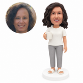 custom bobblehead figure woman in a t-shirt and slippers holding a coffee mug