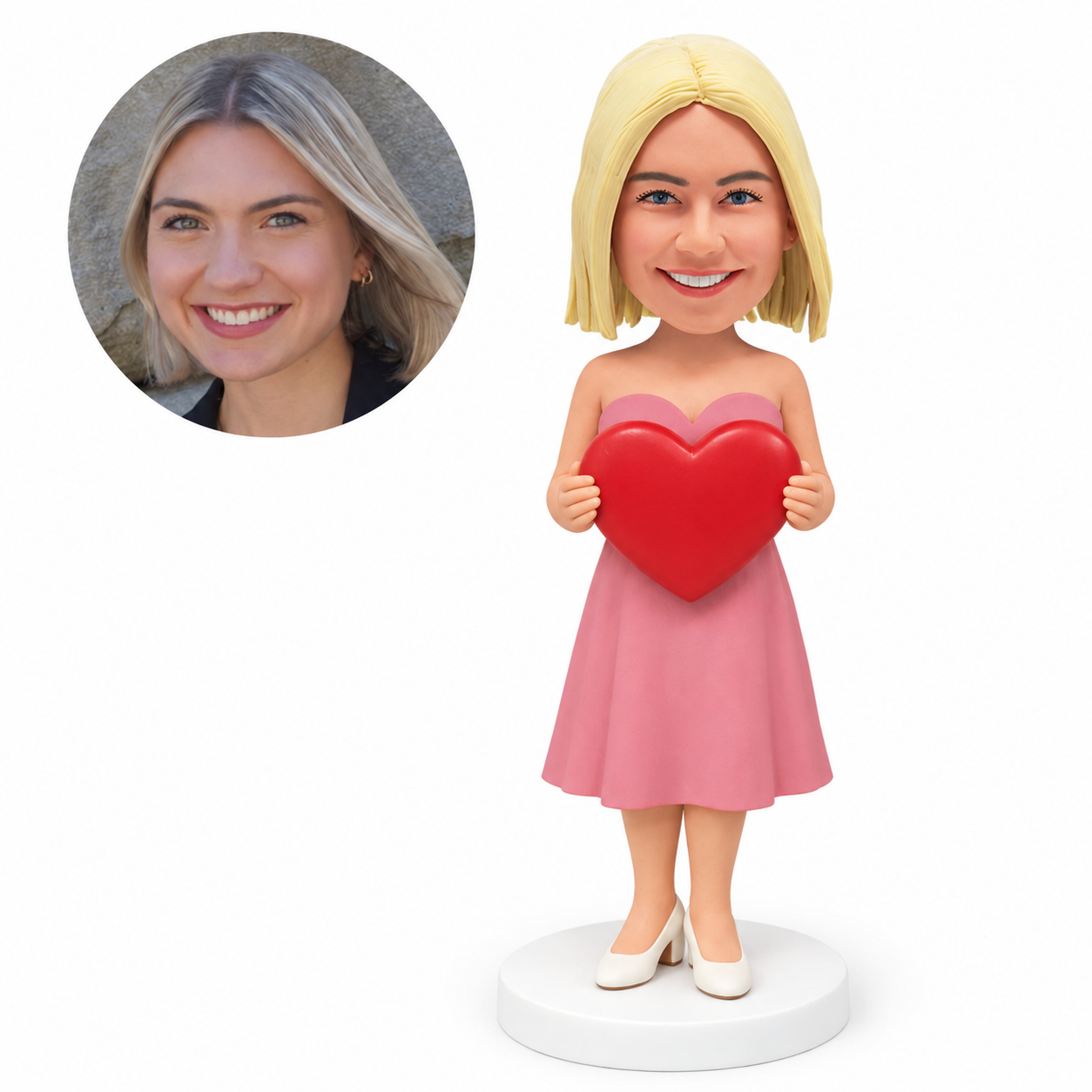 custom bobblehead figure woman in a strapless dress holding a heart