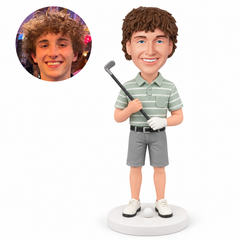 custom bobblehead figure male golfer in shorts holding a golf club diagonally in front of him