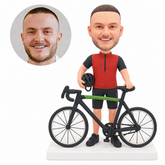 custom bobblehead figure cyclist standing behind a bicycle holding a helmet