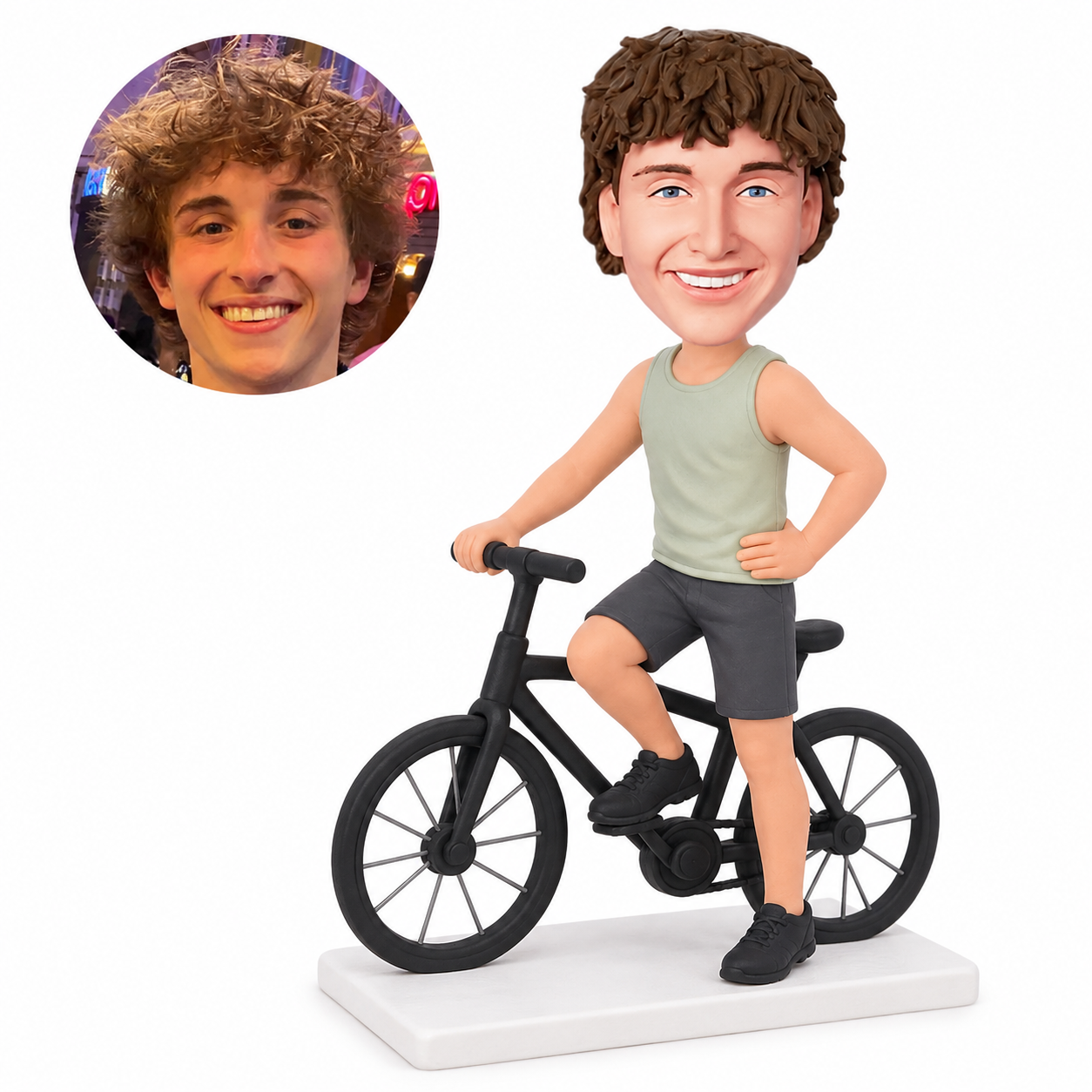 custom bobblehead figure man on a bicycle with one hand on his hip