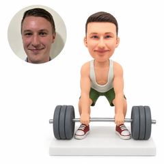 custom bobblehead figure weightlifter bending forward to grip a barbell