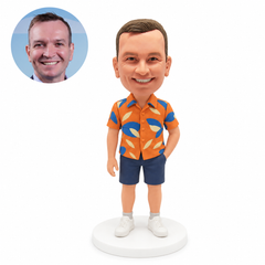 custom bobblehead figure man in a Hawaiian shirt and shorts with one hand in his pocket