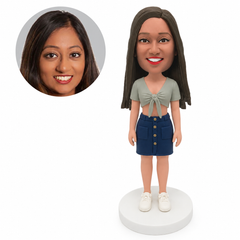 custom bobblehead figure woman in a tie front blouse and button front skirt