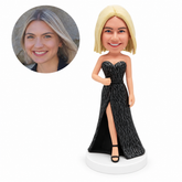 custom bobblehead figure woman in a strapless slit evening gown