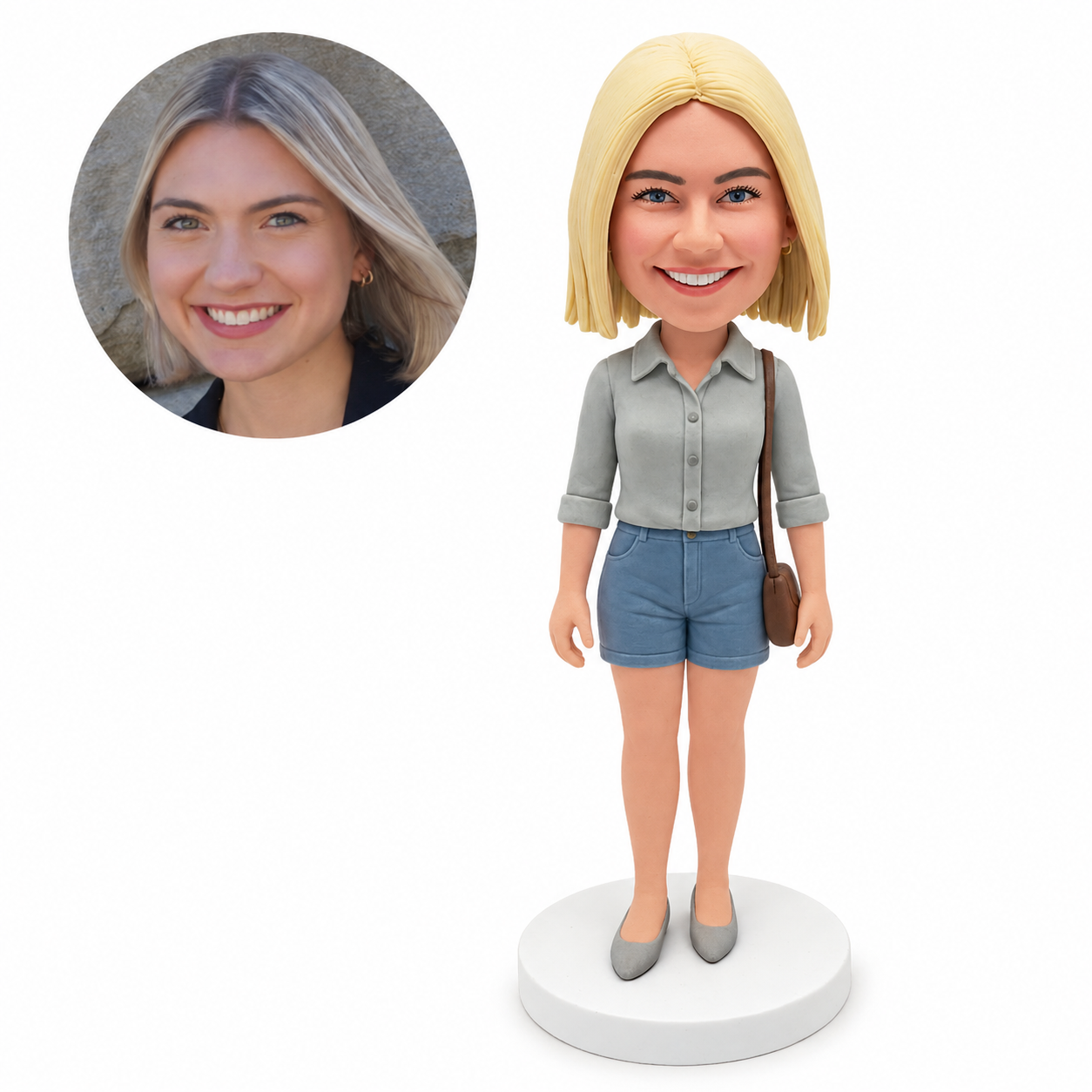 custom bobblehead figure woman in a button shirt and denim shorts with a shoulder purse
