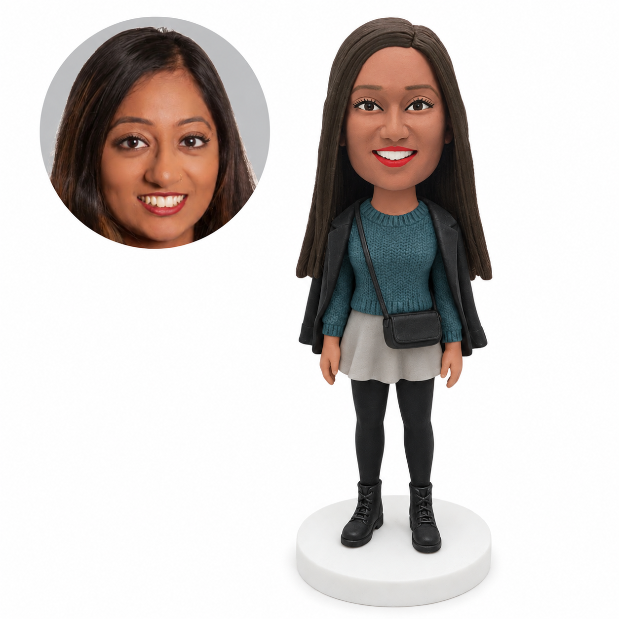 custom bobblehead figure woman in a sweater and mini skirt with a draped jacket and crossbody purse