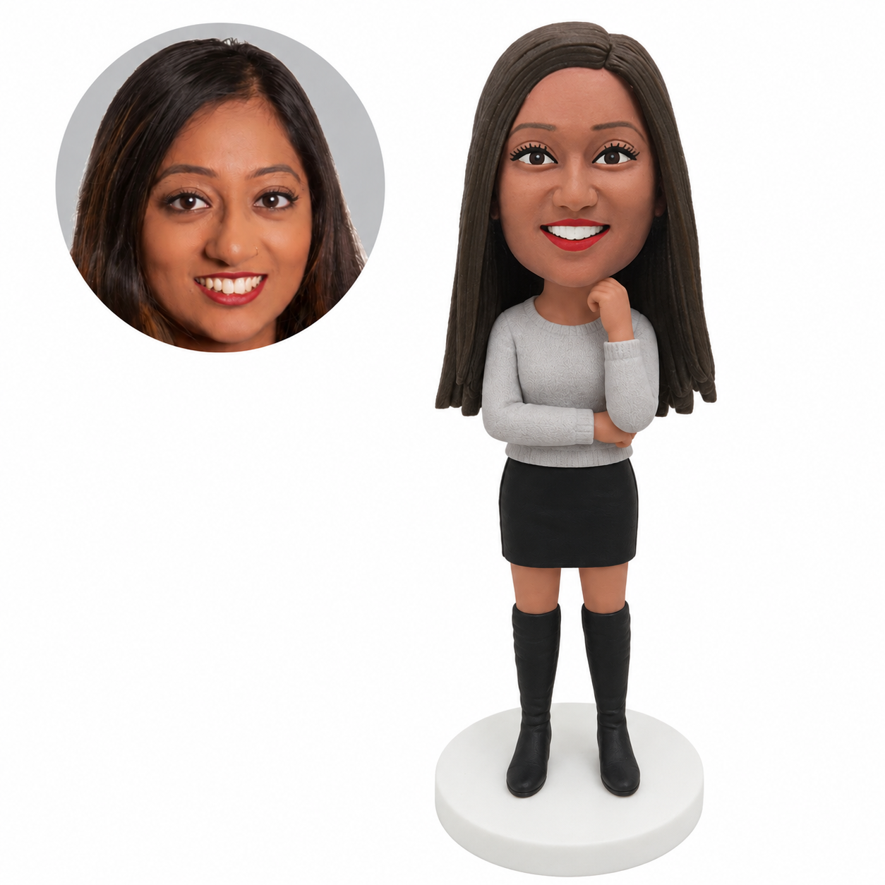 custom bobblehead figure woman in a knit sweater and mini skirt with one hand beside her chin