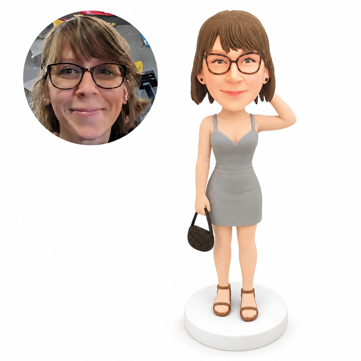 custom bobblehead figure woman in a camisole mini dress holding a handbag with one hand beside her head