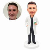 custom bobblehead figure laboratory technician holding a sample jar in a white coat