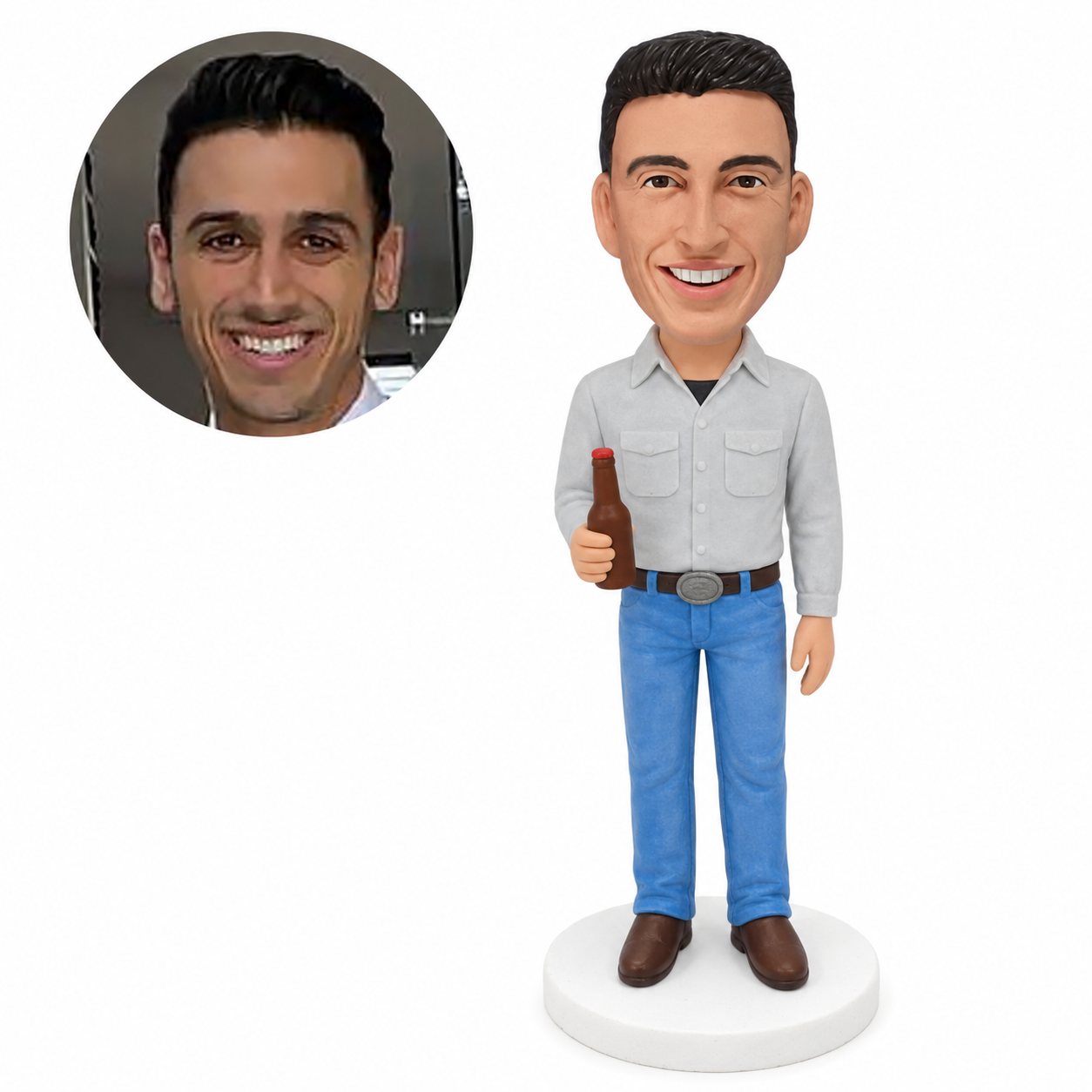 custom bobblehead figure man in a long-sleeve shirt and jeans holding a beer bottle