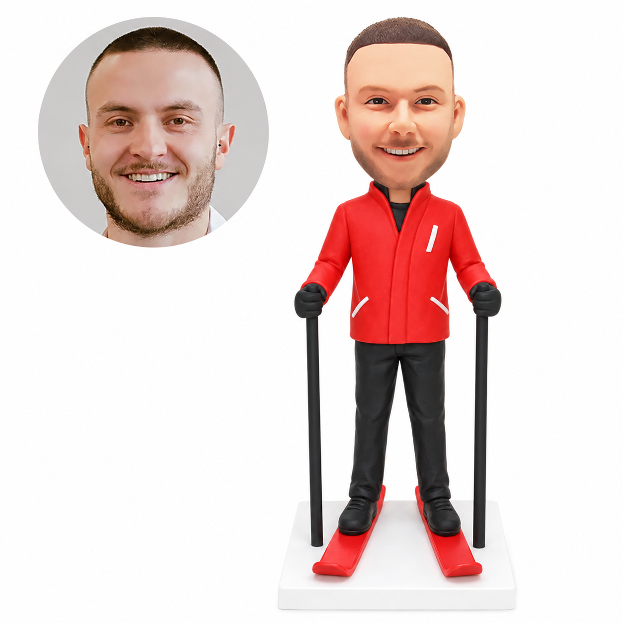 custom bobblehead figure skier standing on two skis and holding two ski poles