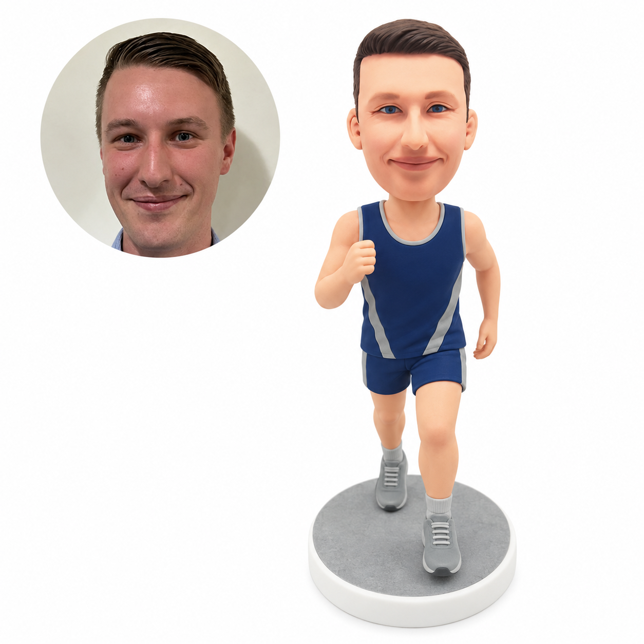 custom bobblehead figure runner in a singlet and shorts with one hand raised near his chest