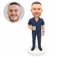 custom bobblehead figure man in an open-collar short-sleeve shirt holding a coffee mug with his other arm down