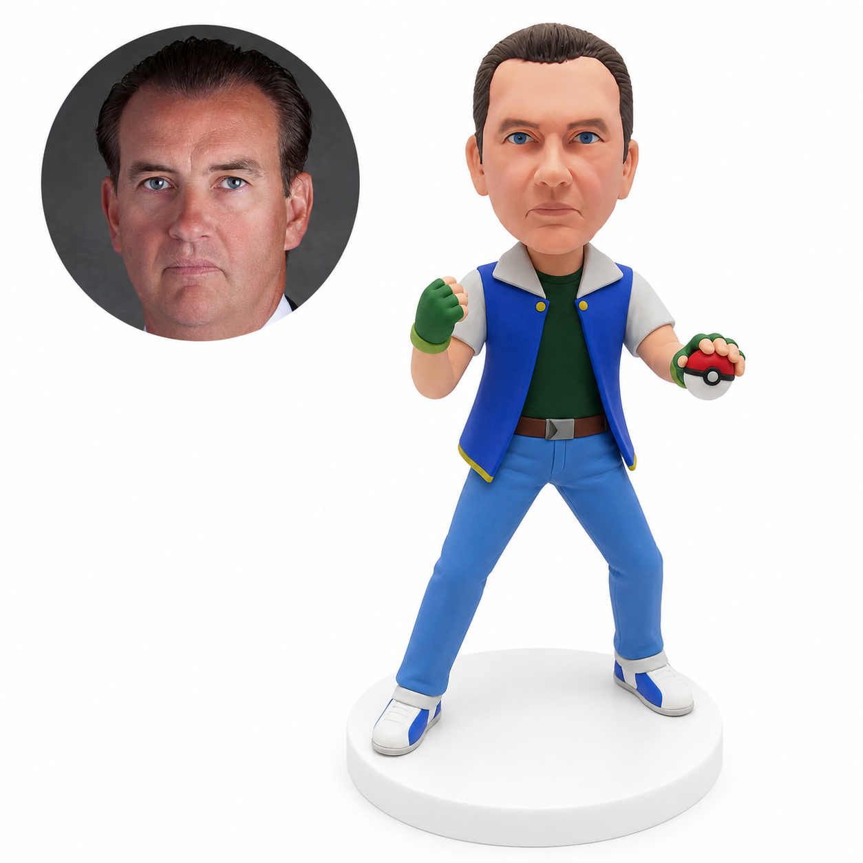 custom bobblehead figure man in an open short-sleeve jacket holding a two-tone ball