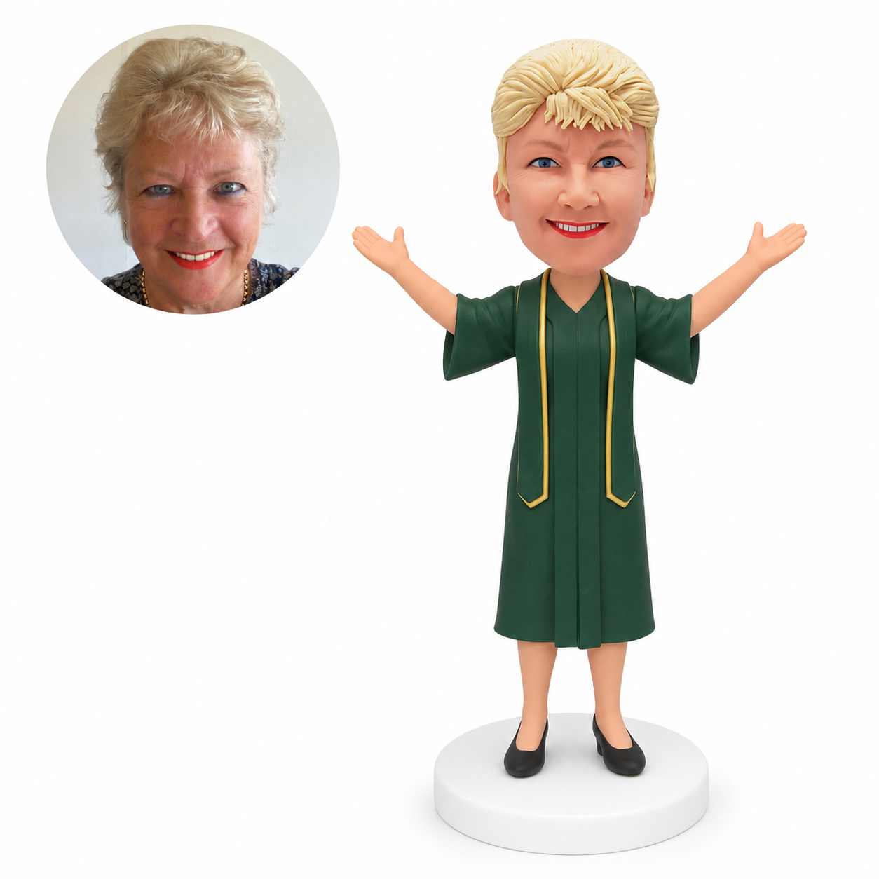 custom bobblehead figure female graduate in a short-sleeve gown raising both empty arms