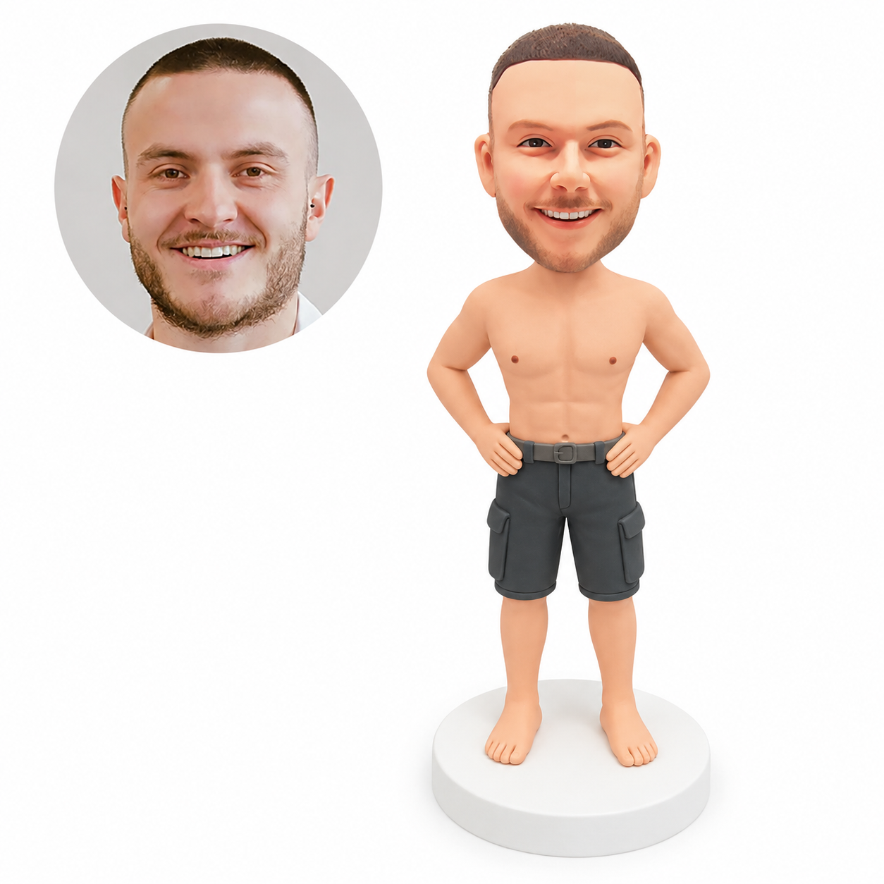 custom bobblehead figure shirtless man in cargo shorts standing barefoot with both hands on his hips