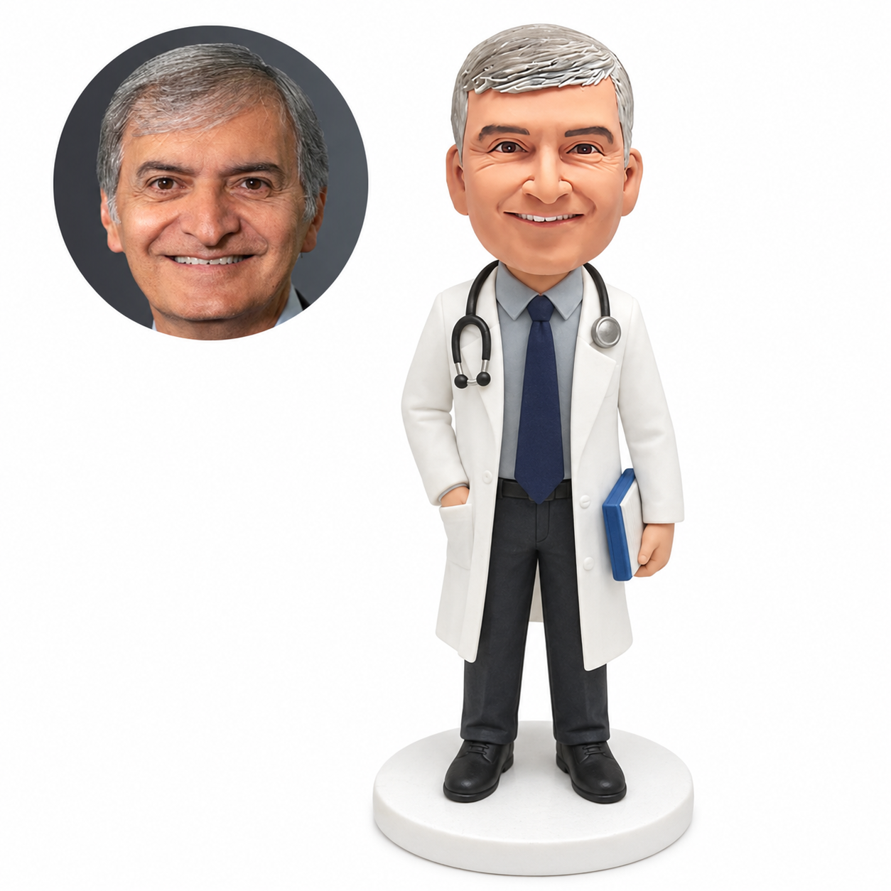 custom bobblehead figure male doctor in a lab coat holding a book with his other hand in a pocket