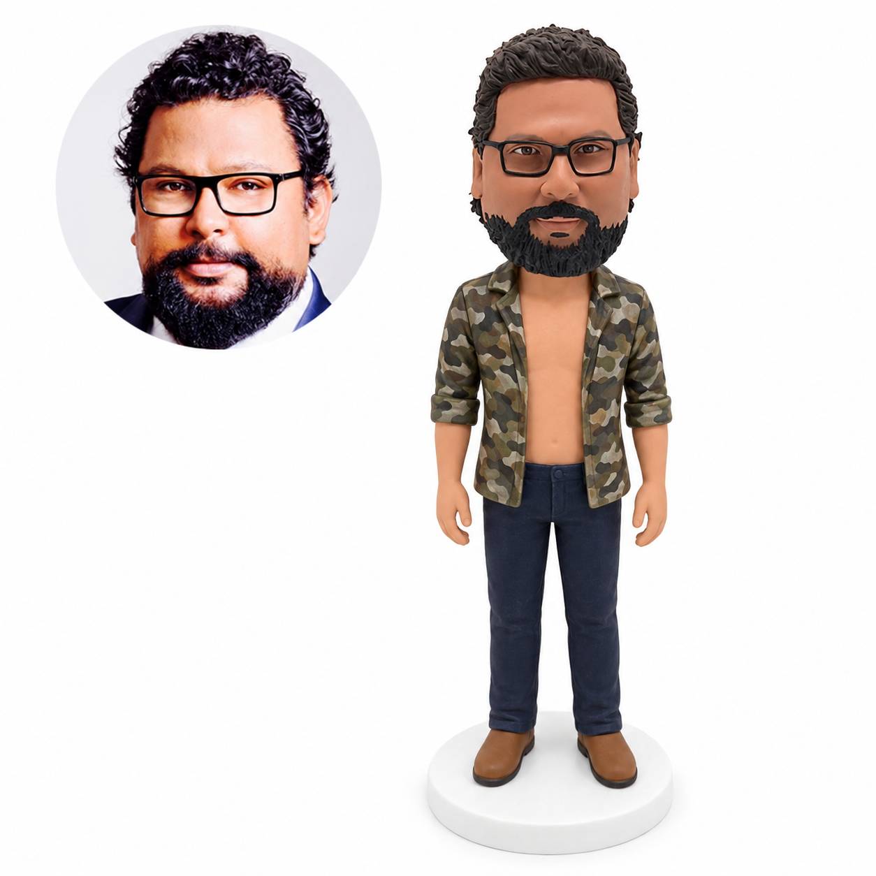 custom bobblehead figure man in an open camouflage jacket and jeans with bare chest
