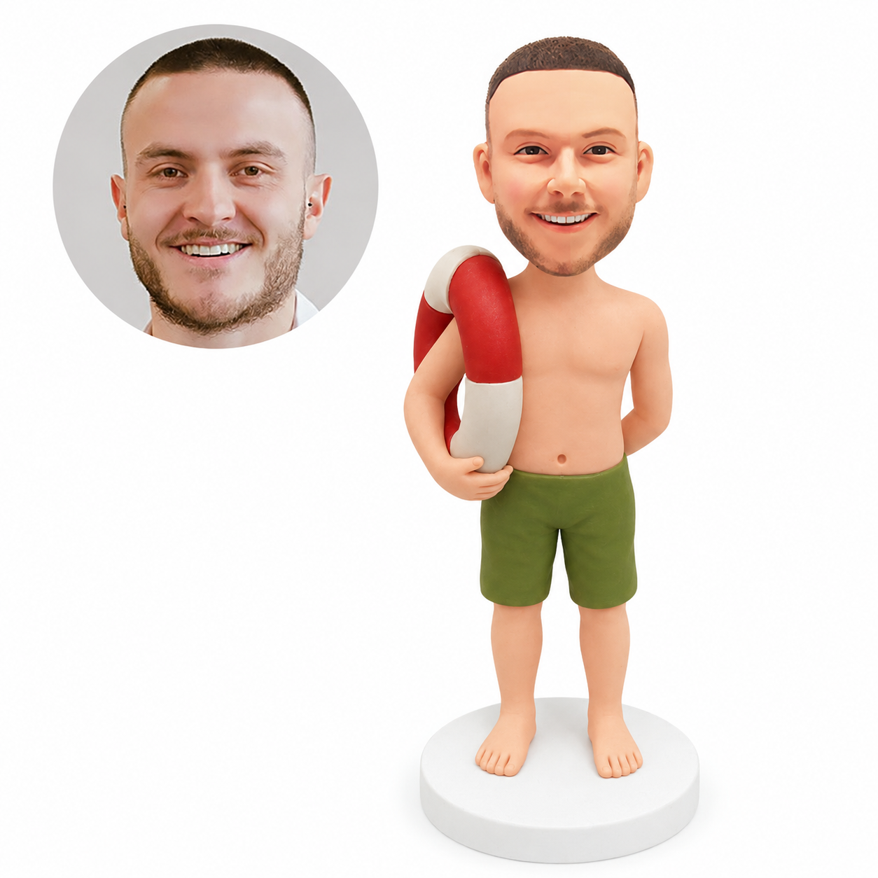 custom bobblehead figure shirtless man holding a life ring at his shoulder with his other hand behind his back