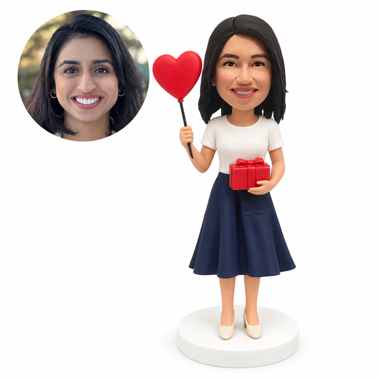 custom bobblehead figure woman holding a gift box and a heart balloon